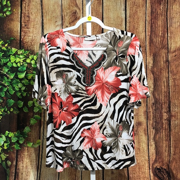 Susan Graver Beaded Floral Blouse Size Small - Picture 1 of 3